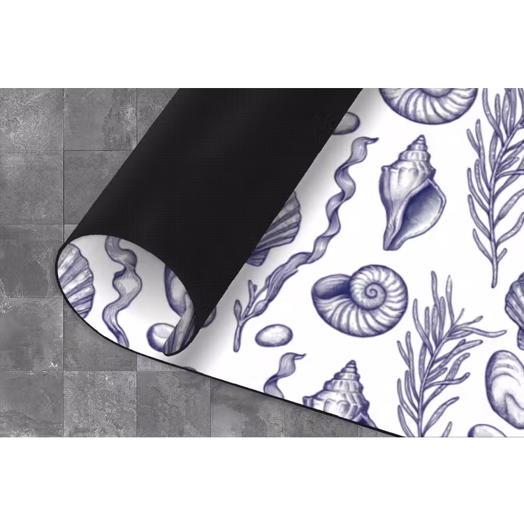 Schelpen - Zeewier - Oceaan - Illustratie - Blauw Keukenloper - keukenmat middel -closeup