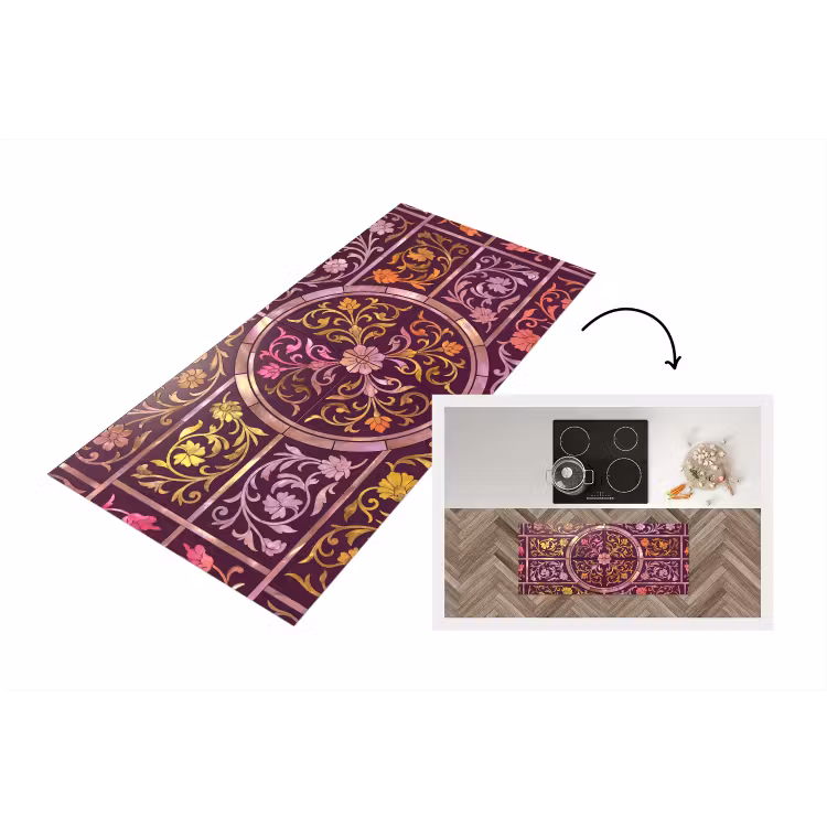 Patroon - Floraal - Oosters - Paars - Goud Keukenloper - keukenmat middel -3d