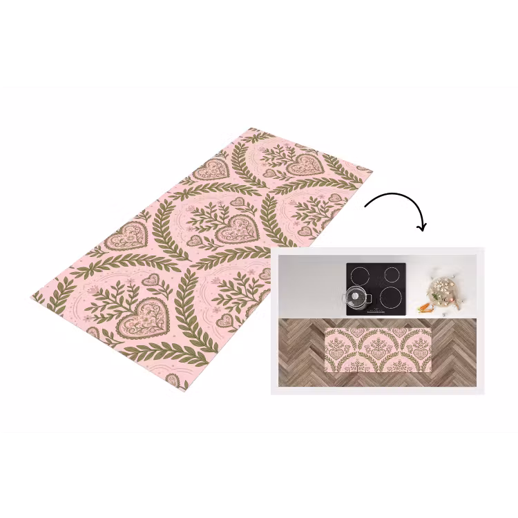 Patroon - Hart - Bloemen - Folkloristisch - Roze Keukenloper - keukenmat middel -3d