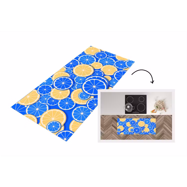 Fruit - Schijven - Patroon - Modern - Blauw - Geel Keukenloper - keukenmat middel -3d