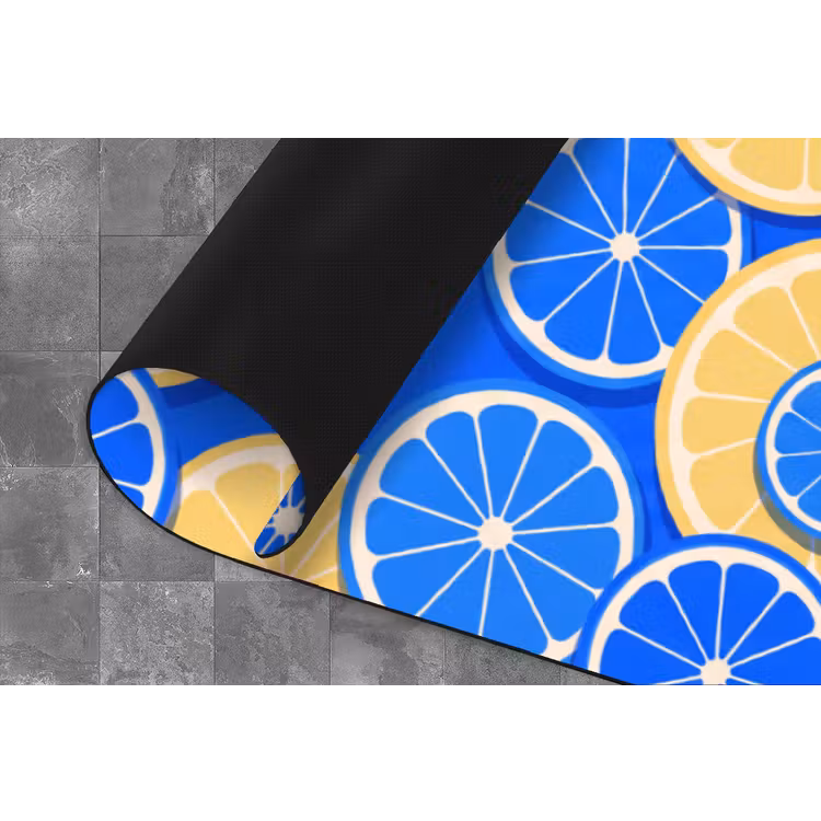 Fruit - Schijven - Patroon - Modern - Blauw - Geel Keukenloper - keukenmat middel -closeup