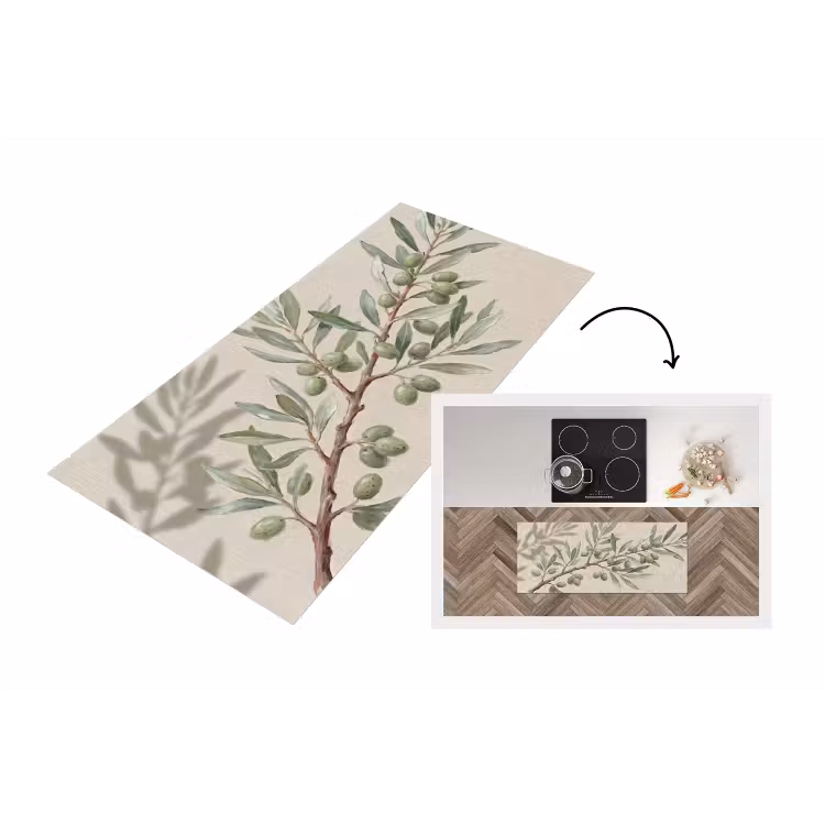 Olijftak - Bladeren - Natuur - Groen - Beige Keukenloper - keukenmat middel -3d