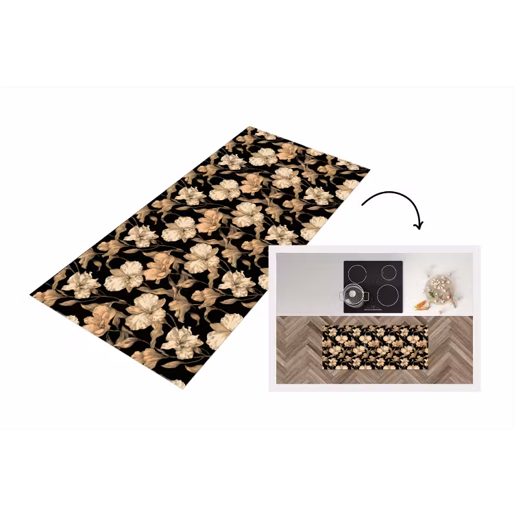 Orchideeën - Lijntekening - Patroon - Beige - Zwart Keukenloper - keukenmat middel 536 -3d