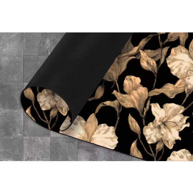 Orchideeën - Lijntekening - Patroon - Beige - Zwart Keukenloper - keukenmat middel 536 -closeup