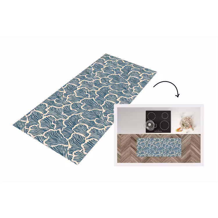Organisch - Blauw - Crème - Schelpen Keukenloper - keukenmat middel 536 -3d