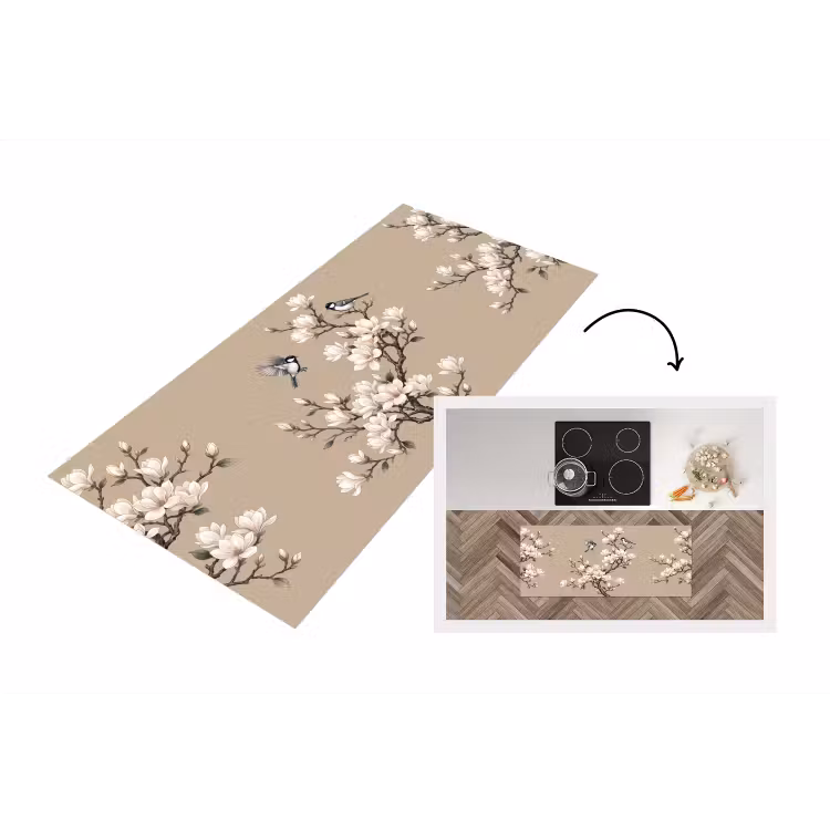 Oosters - Vogels - Beige Keukenloper - keukenmat middel -3d
