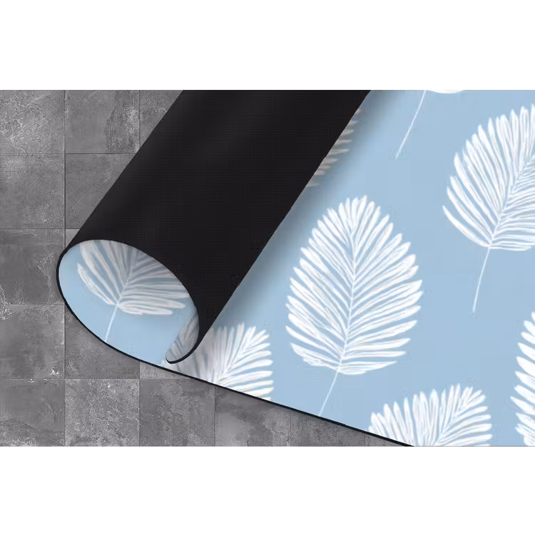 Palmbladeren - Naadloos - Patroon - Pastelblauw Keukenloper - keukenmat middel 536 -closeup