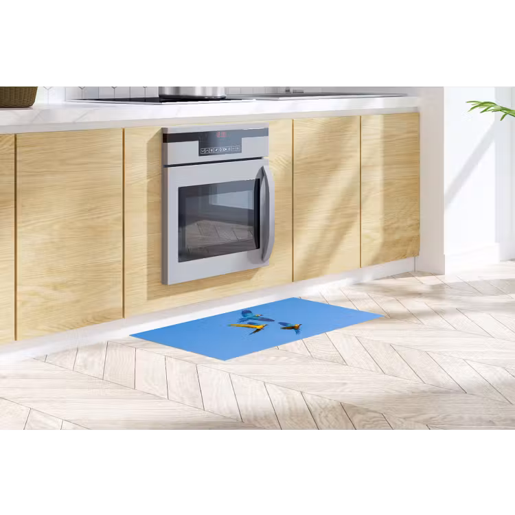 Papagaai - Vliegen - Blauw - Geel Keukenloper - keukenmat middel -sfeer2