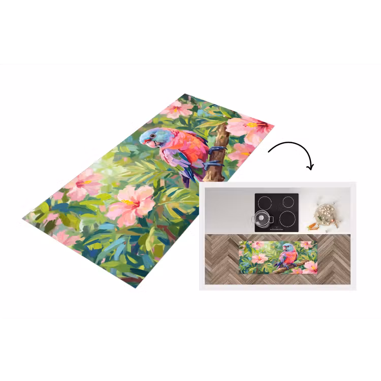 Papagaai - Hibiscusbloemen - Kleurrijk Keukenloper - keukenmat middel -3d