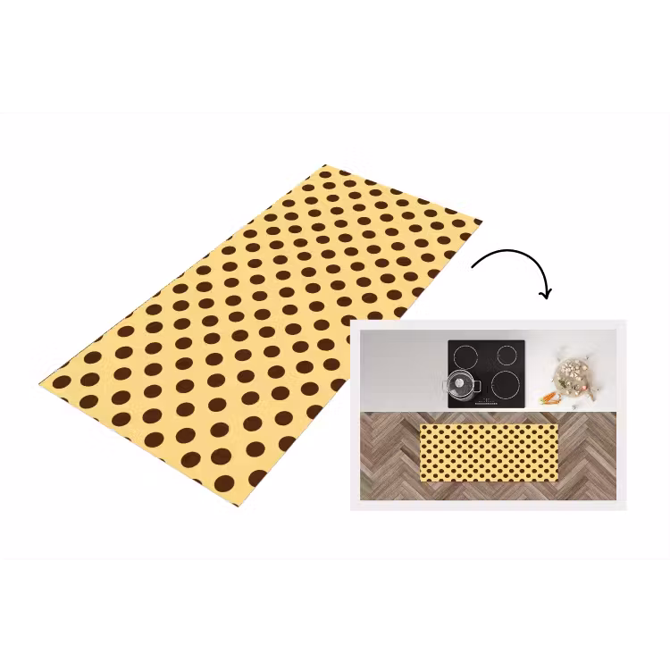 Polka Dot - Stippen - Retro - Geel - Bruin Keukenloper - keukenmat middel 536 -3d