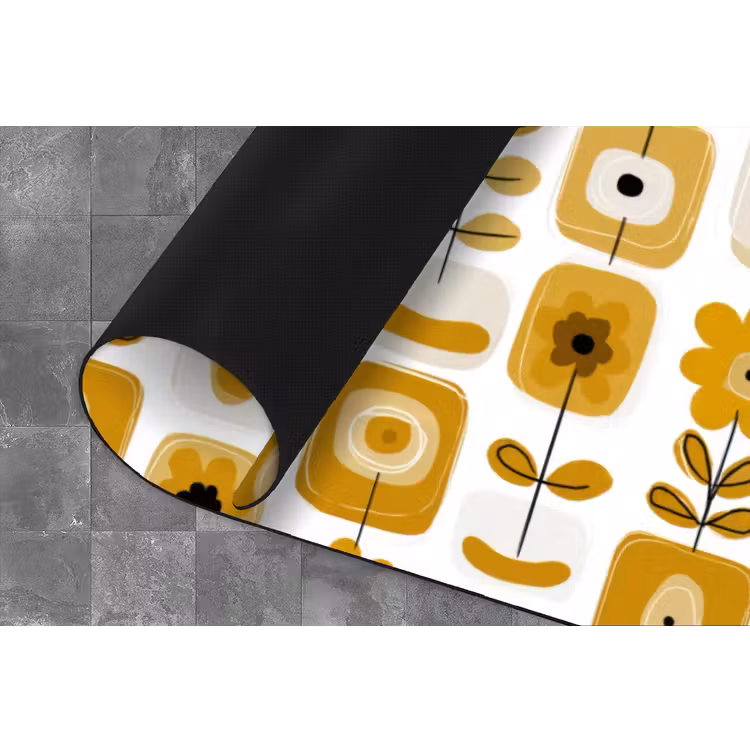 Retro - Abstract - Bloemen - Okergeel Keukenloper - keukenmat middel 536 -closeup