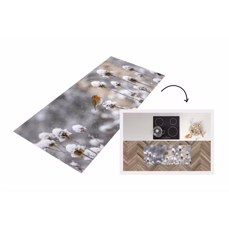 Roodborstje - Gedroogde bloem - Sneeuw - Winter - Vertederend Keukenloper - keukenmat middel -3d