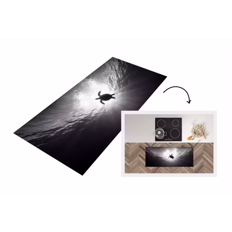 Schildpad - Onderwater - Lichtstralen - Oceaan - Zwart-wit Keukenloper - keukenmat middel -3d