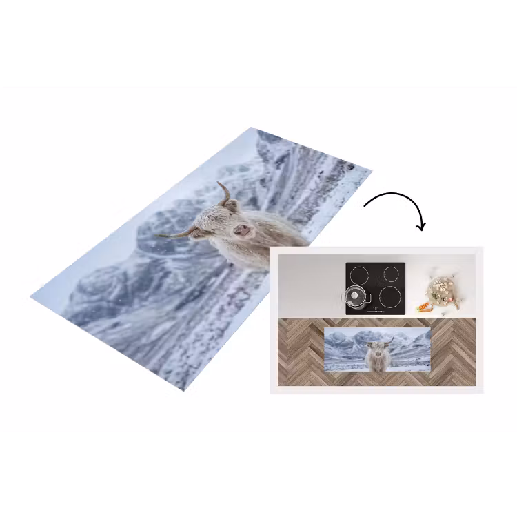 Schotse Hooglander - Sneeuw - Bergen - Winter Keukenloper - keukenmat middel -3d