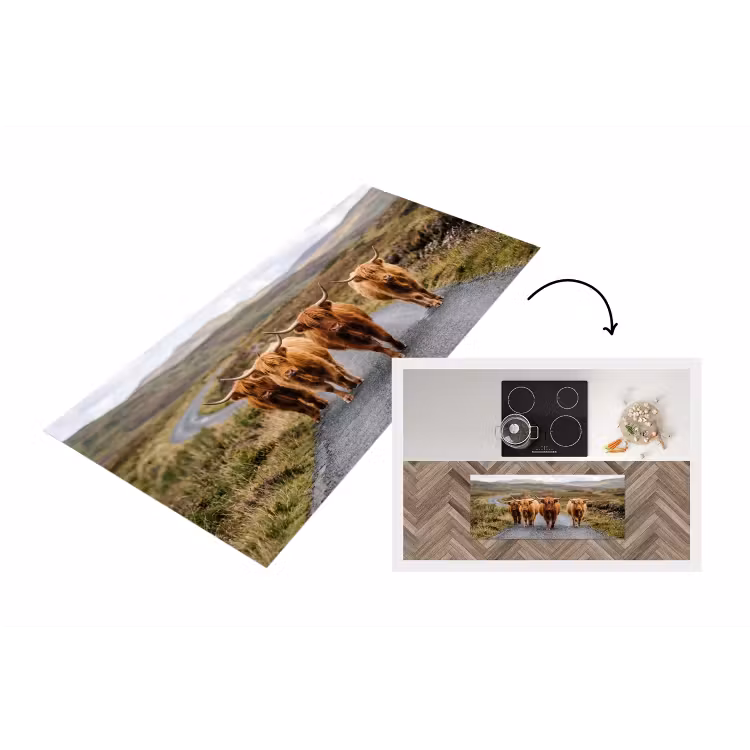 Schotse Hooglanders - Weg - Landschap - Kudde Keukenloper - keukenmat middel -3d