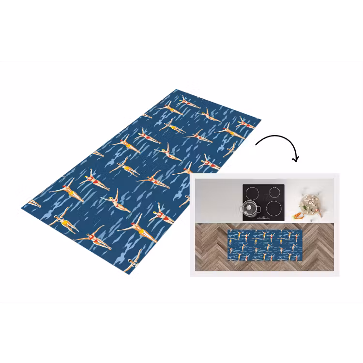 Zwemsters- Retro - Blauw Keukenloper - keukenmat middel 536 -3d