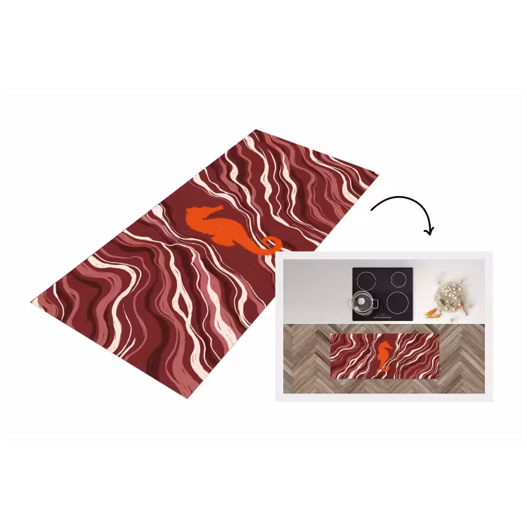 Zeepaardje - Golven - Zeeleven - Abstract - Oranje Keukenloper - keukenmat middel -3d