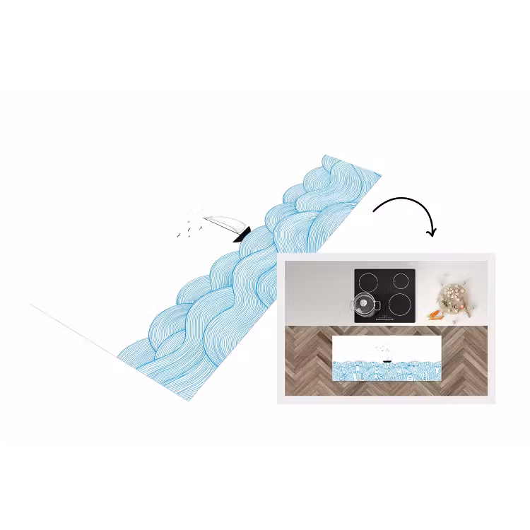 Zeilboot - Golven - Zee - Illustratie - Blauw Keukenloper - keukenmat middel -3d