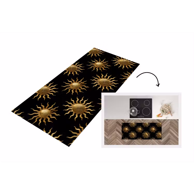 Zon - Patroon - Luxe - Goud - Zwart Keukenloper - keukenmat middel 536 -3d
