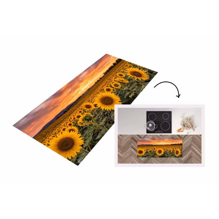 Zonnebloemen - Heuvellandschap - Geel Keukenloper - keukenmat middel -3d