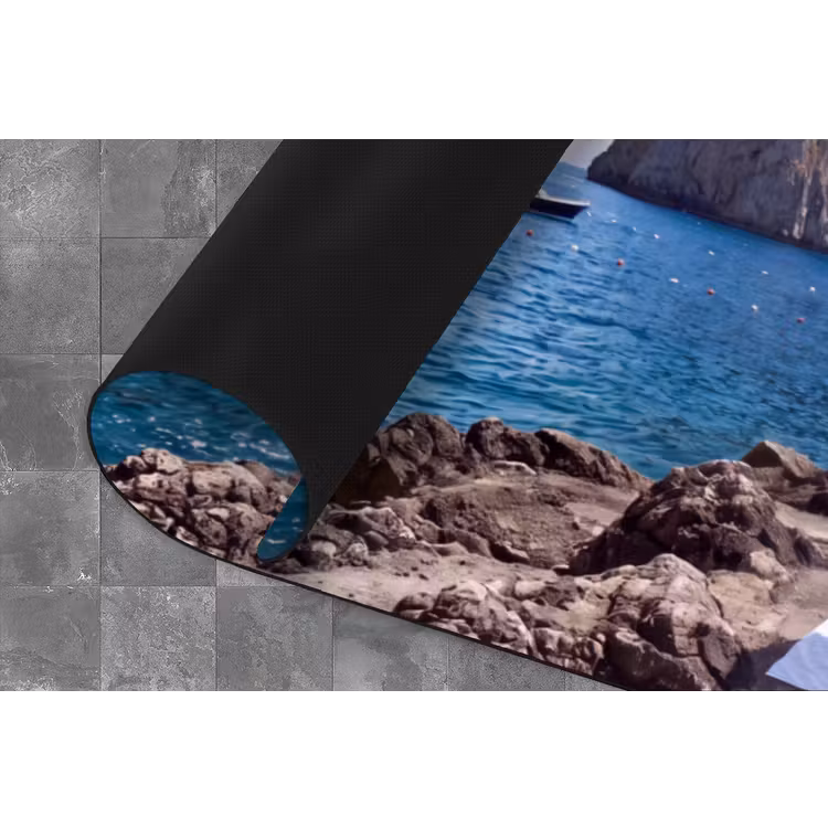 Strand - Ligstoel - Parasol - Zomer - Blauw Keukenloper - keukenmat middel -closeup