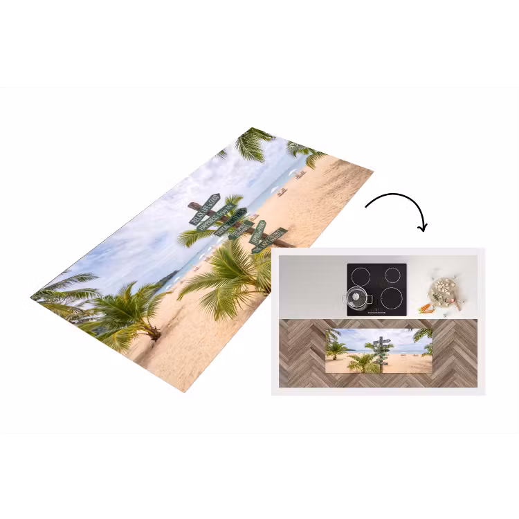 Strand - Wegwijzer - Palmen - Tropisch - Groen Keukenloper - keukenmat middel -3d