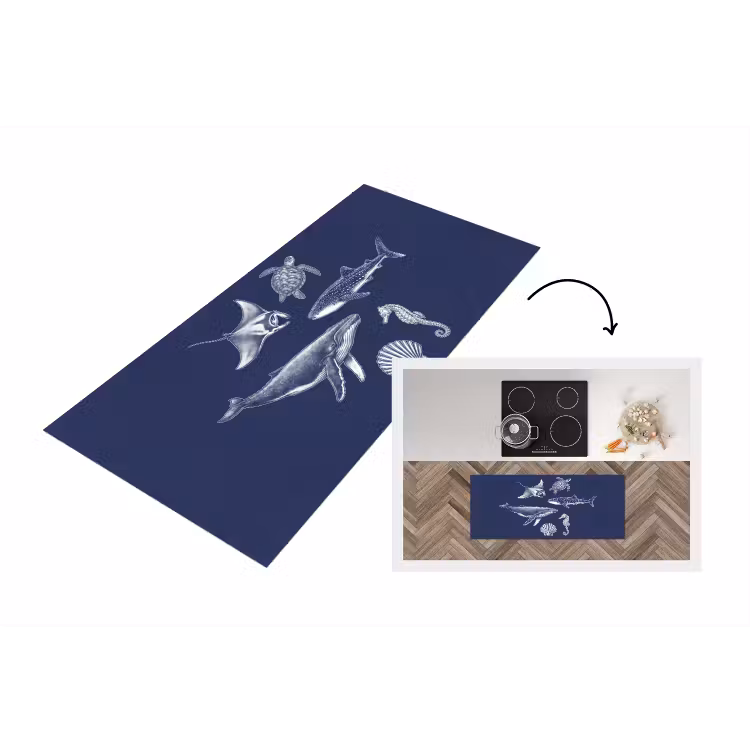 Dieren - Zeeleven - Oceaan - Graveren - Blauw Keukenloper - keukenmat middel -3d