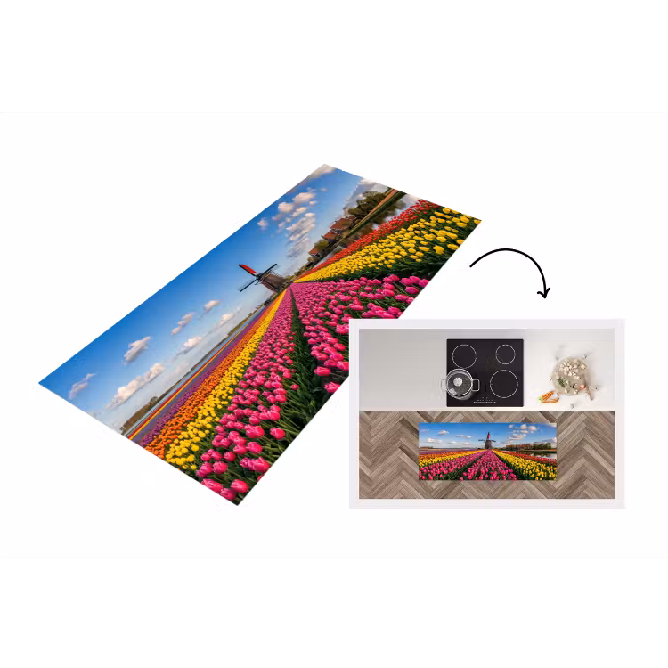 Tulpen - Holland - Molen - Kleurrijk Keukenloper - keukenmat middel -3d