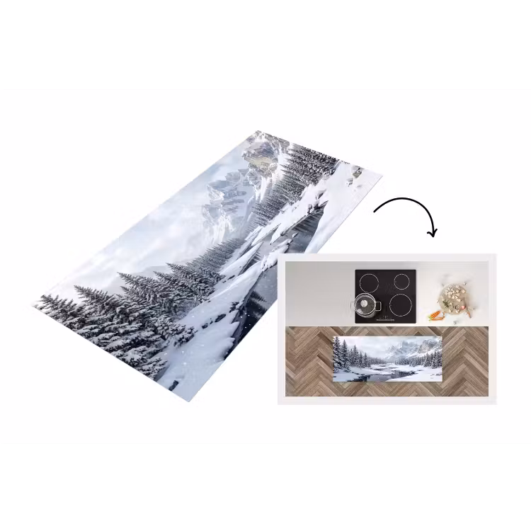 Sneeuwlandschap - Bergen - Rivier - Winter Keukenloper - keukenmat middel -3d