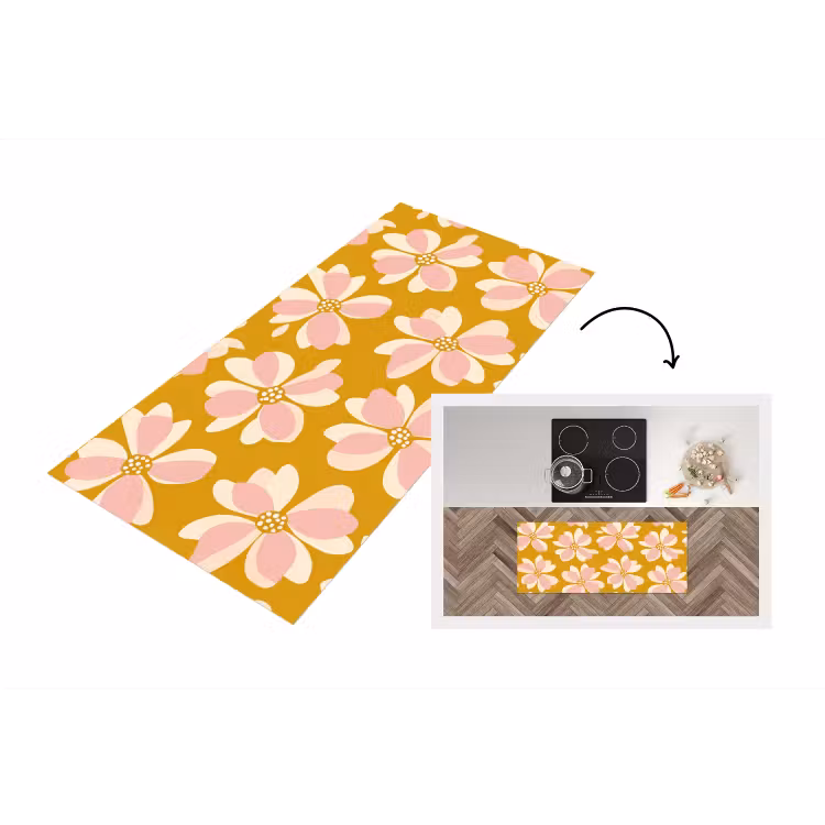 Vintage - Bloemen - Okergeel Keukenloper - keukenmat middel 536 -3d