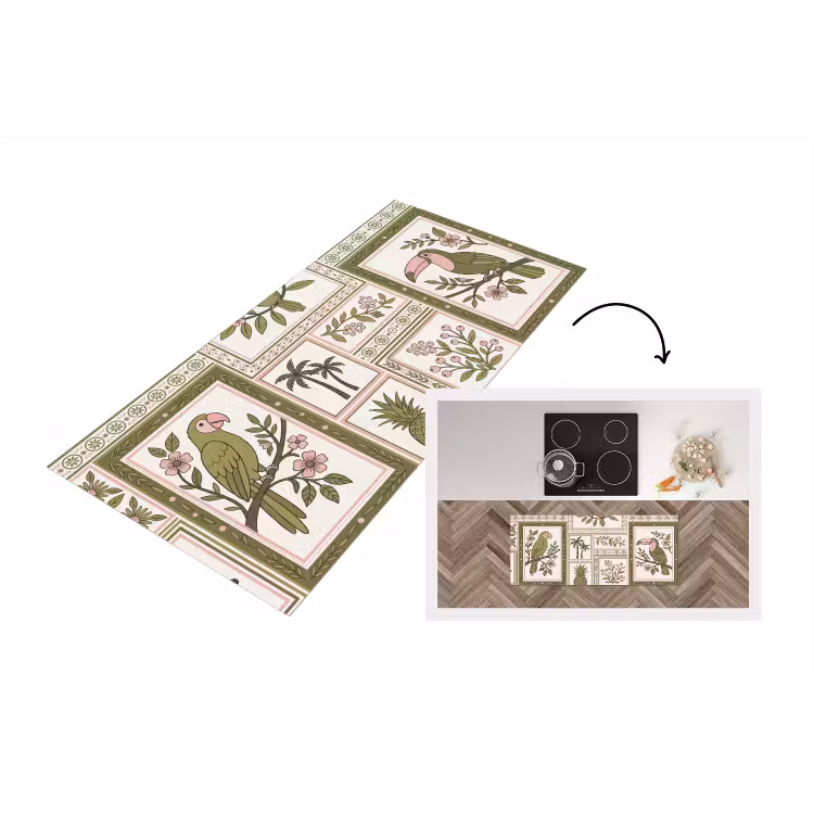 Vogel - Tropisch - Patroon - Decoratief - Groen Keukenloper - keukenmat middel -3d