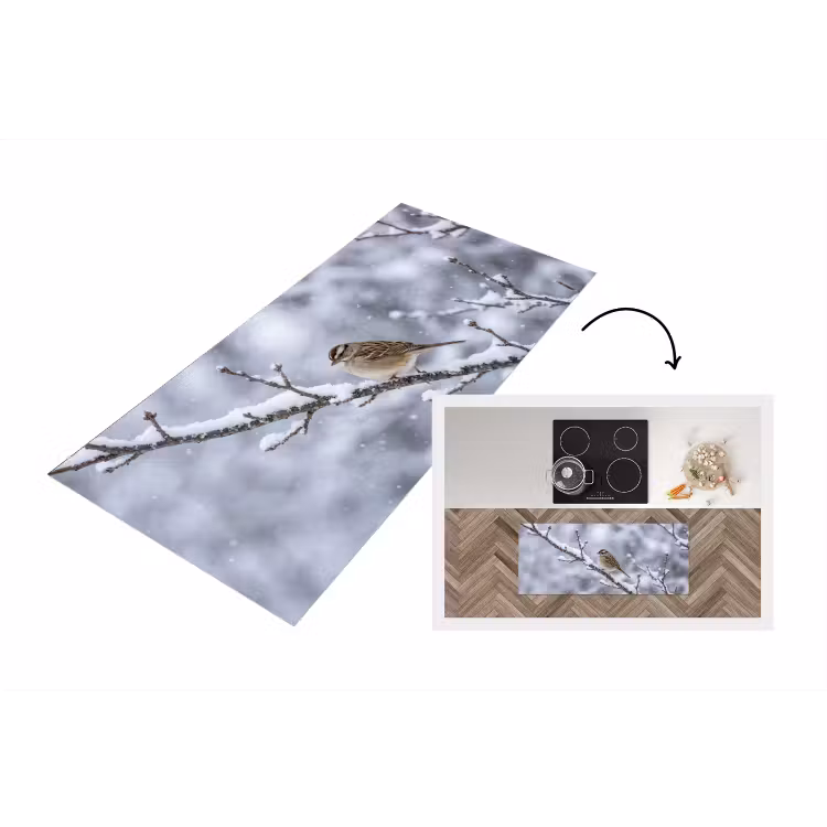 Vogel - Tak - Sneeuw - Winter Keukenloper - keukenmat middel -3d