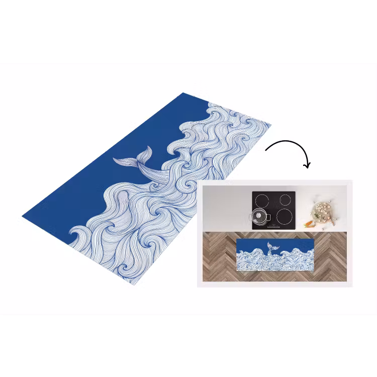 Walvis - Staart - Golven - Lijntekening - Blauw Keukenloper - keukenmat middel -3d