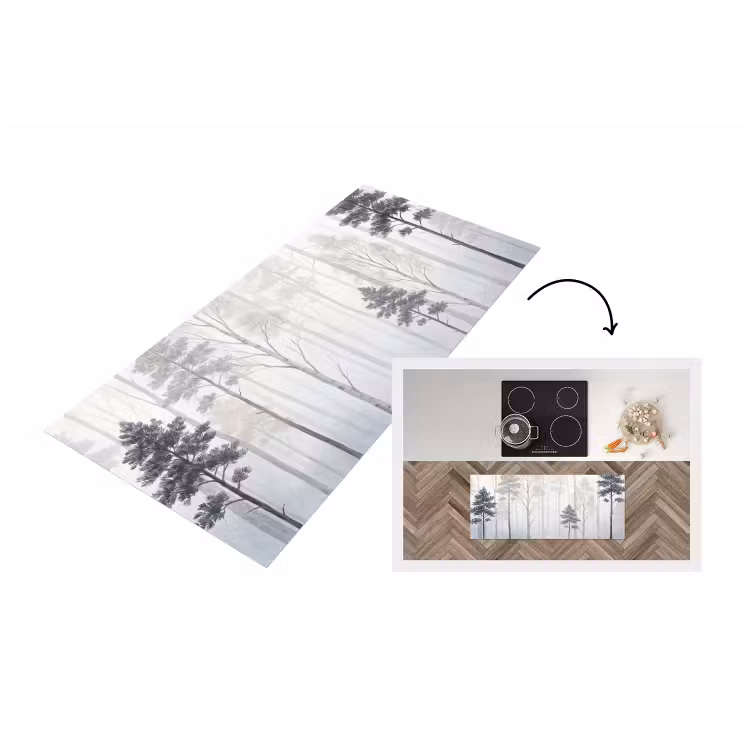 Bos - Bomen - Mist - Natuur - Illustratie - Grijs Keukenloper - keukenmat middel -3d