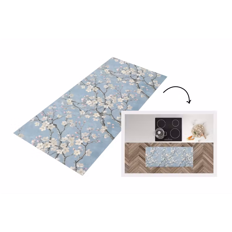 Takken - Kersenbloesem - Blauw Keukenloper - keukenmat middel -3d