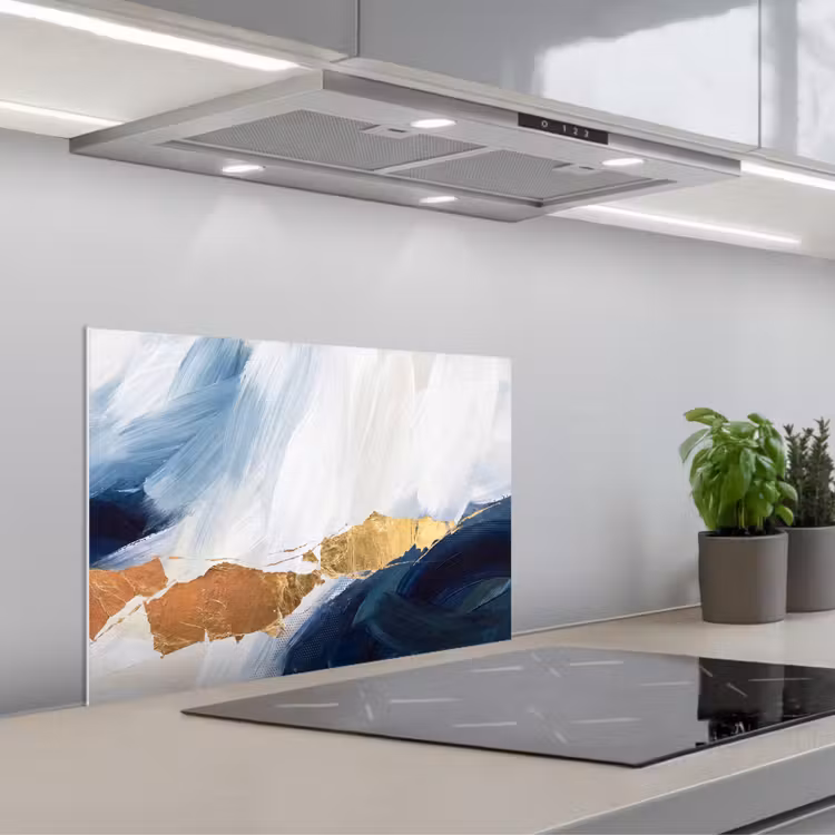 Abstract - Acryl - Blauw - Goud - Elegant keuken achterwand spatscherm klein -3d_schuin