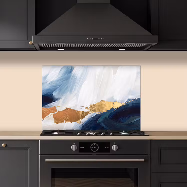 Abstract - Acryl - Blauw - Goud - Elegant keuken achterwand spatscherm klein -sfeer1