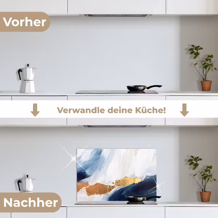Abstract - Acryl - Blauw - Goud - Elegant keuken achterwand spatscherm klein -voor_na_DE