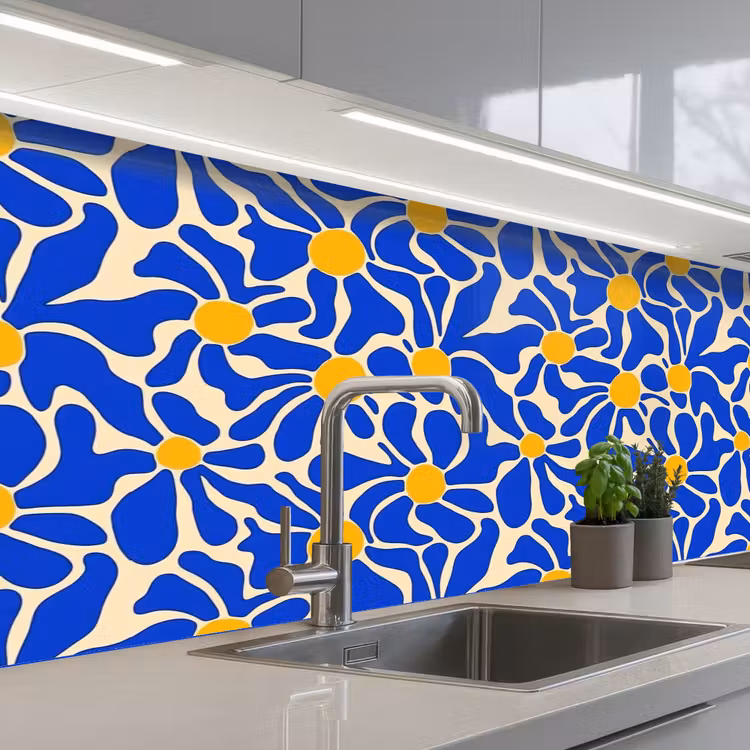 Abstract - Bloem - Blauw keuken achterwand 2 middel 871 -3d_schuin