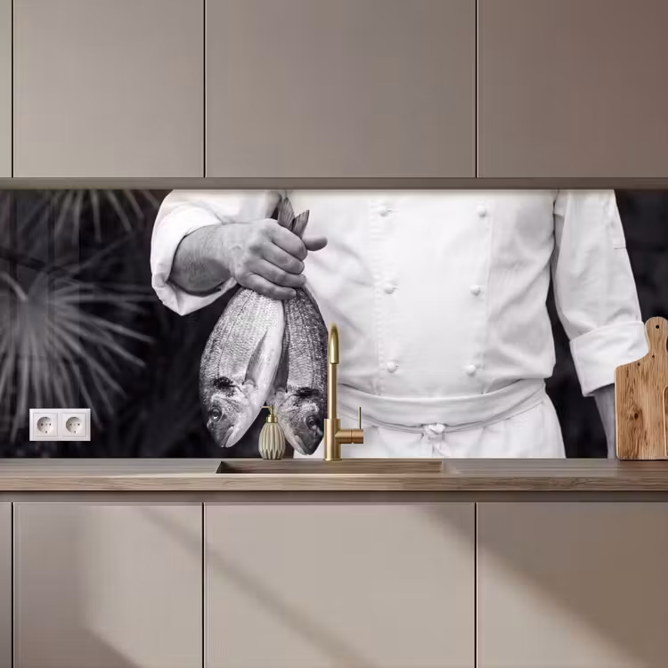 Vissen - Chef - Zwart - Wit keuken achterwand 2 middel zz_3dshopping