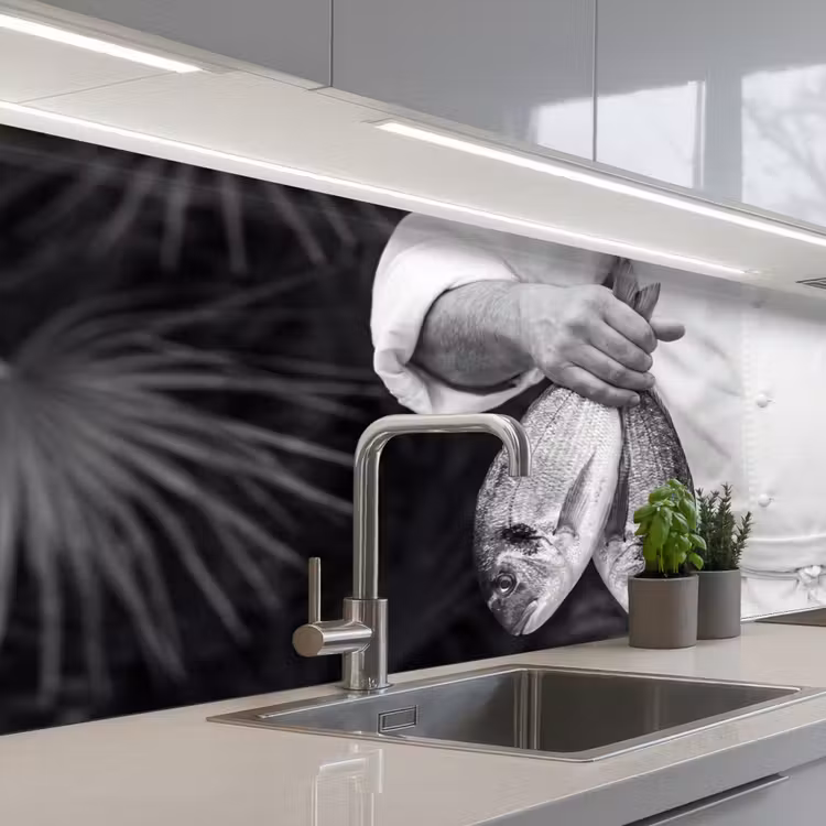 Vissen - Chef - Zwart - Wit keuken achterwand 2 middel -3d_schuin