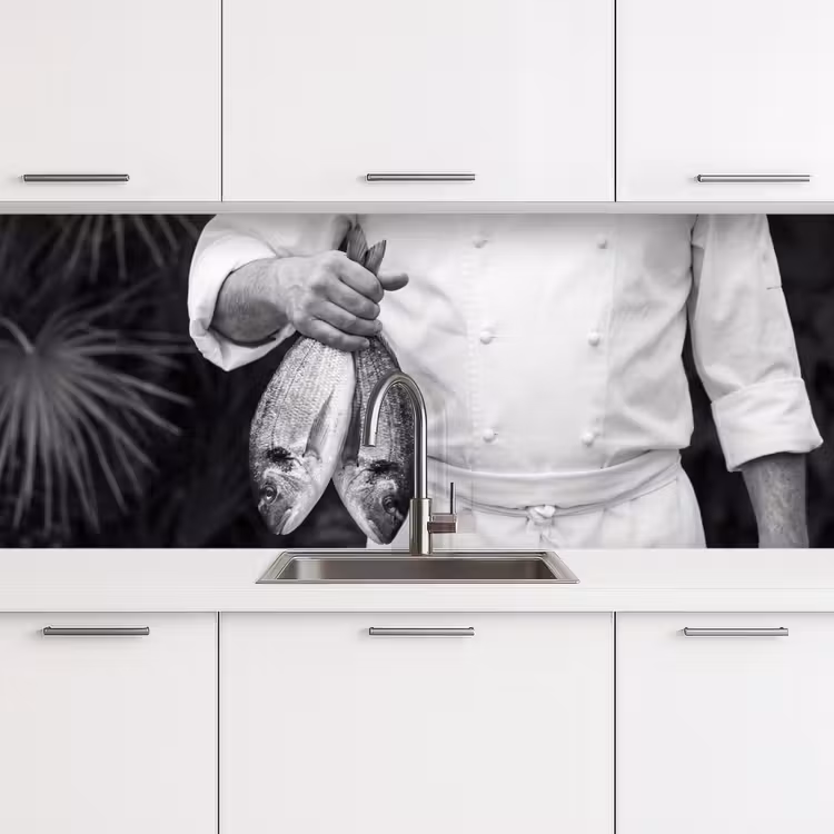 Vissen - Chef - Zwart - Wit keuken achterwand 2 middel -3d