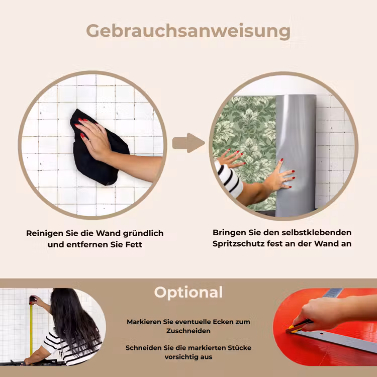 Sierlijk - Lichtgroen - Planten - Patroon - Getailleerd keuken achterwand spatscherm klein 900 -gebruiksaanwijzing_DE