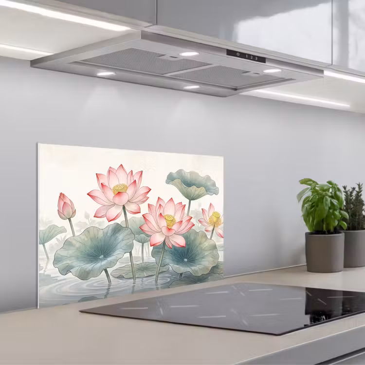 Aquarel - Lotusbloemen - Kleurrijk keuken achterwand spatscherm klein -3d_schuin
