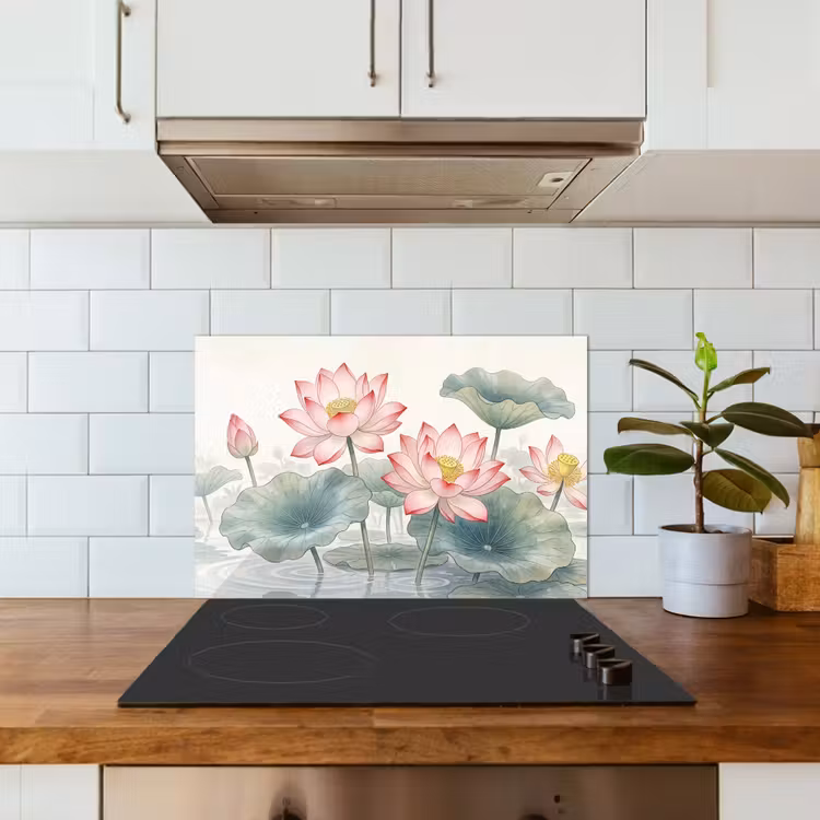 Aquarel - Lotusbloemen - Kleurrijk keuken achterwand spatscherm klein -sfeer2