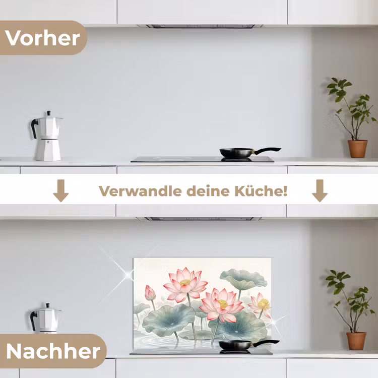 Aquarel - Lotusbloemen - Kleurrijk keuken achterwand spatscherm klein -voor_na_DE