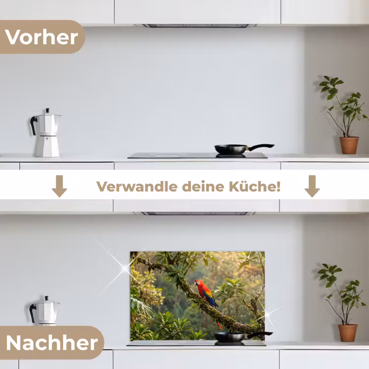 Ara - Jungle - Rood keuken achterwand spatscherm klein -voor_na_DE