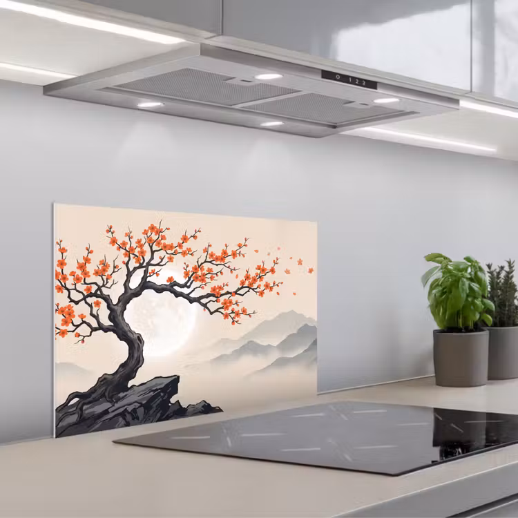 Aziatisch - Bloesem - Rood keuken achterwand spatscherm klein -3d_schuin