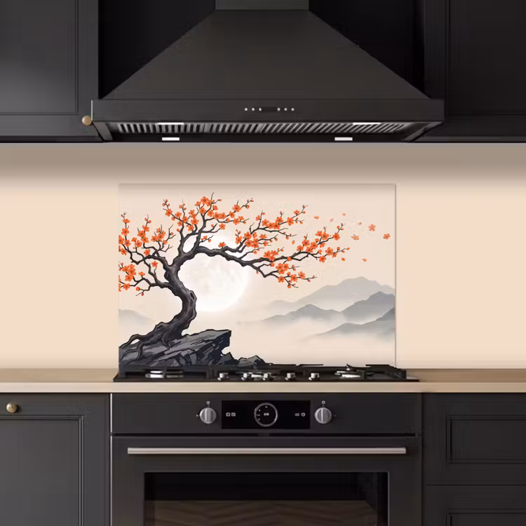Aziatisch - Bloesem - Rood keuken achterwand spatscherm klein -sfeer1