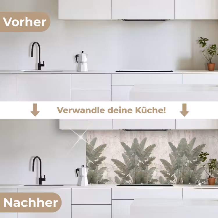 Bananenbladeren - Beton - Groen keuken achterwand 2 middel -voor-na_DE